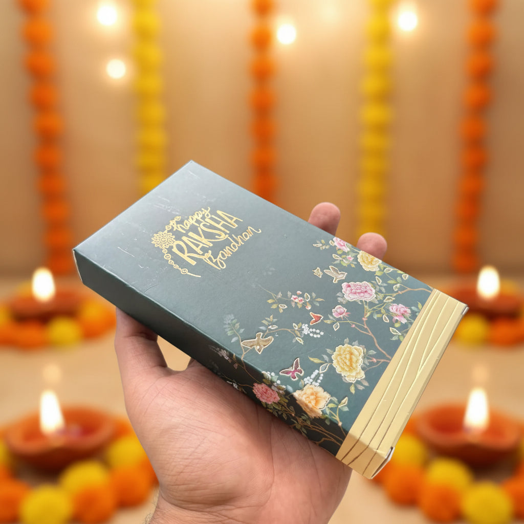 Rakhi Special Chocolate Bar Packaging Box With Golden Leaf