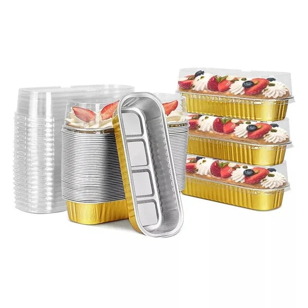 Golden Rectangle Foil Bake & Serve With Lid | Long Cake Slice Containers with Clear Lids | Disposable Dessert Boxes for Pastries, Cakes, Treats