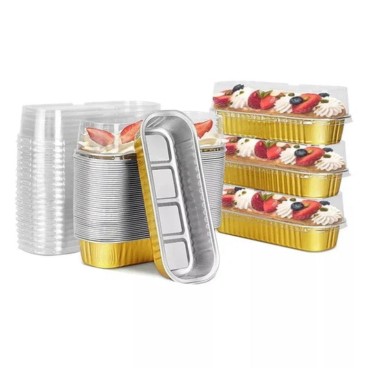 Golden Rectangle Foil Bake & Serve With Lid | Long Cake Slice Containers with Clear Lids | Disposable Dessert Boxes for Pastries, Cakes, Treats