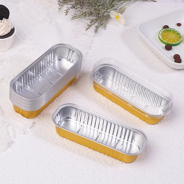 Golden Rectangle Foil Bake & Serve With Lid | Long Cake Slice Containers with Clear Lids | Disposable Dessert Boxes for Pastries, Cakes, Treats