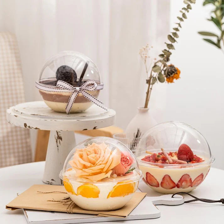 390ml Round Dessert Bowl with Dome Lid – Clear 13cm Dessert, Yogurt & Fruit Cream Container  1 review