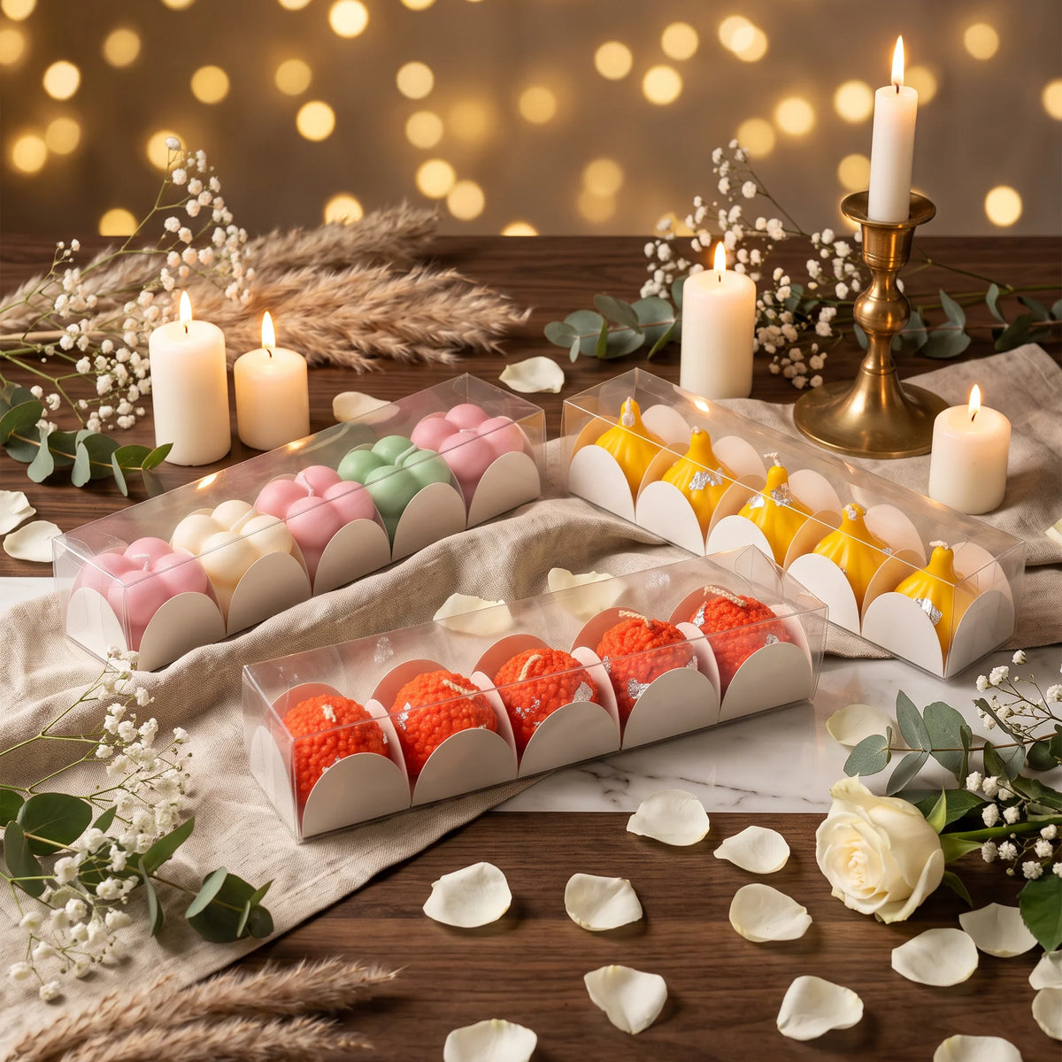 5 PC PVC TRANSPARENT BOX WITH PAPER CAVITY- FOR CANDLES | CHOCOLATES | LADDUS AND MORE