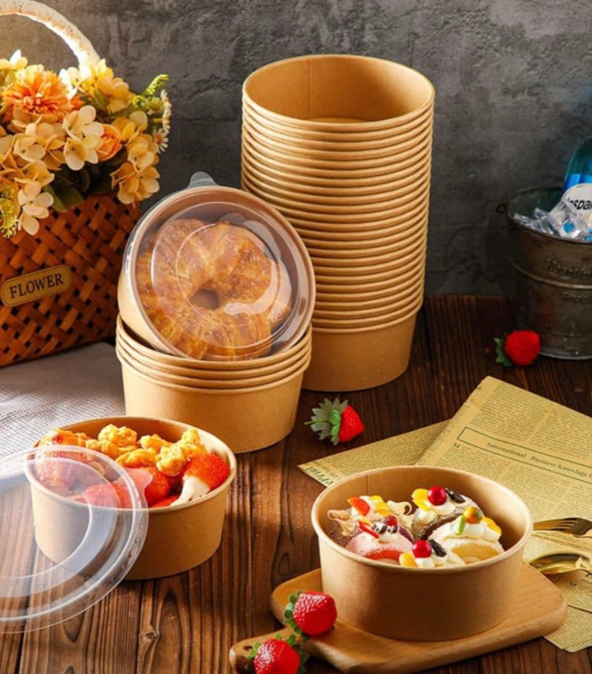 500ML Kraft Tub With Transparent Lid / Salad Bowl