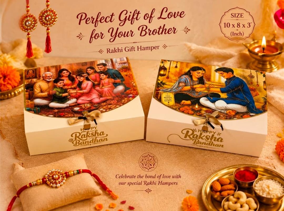 Rakhi Special Premium Hamper Packaging Box With Ribbon - 10 by 8 by 3”