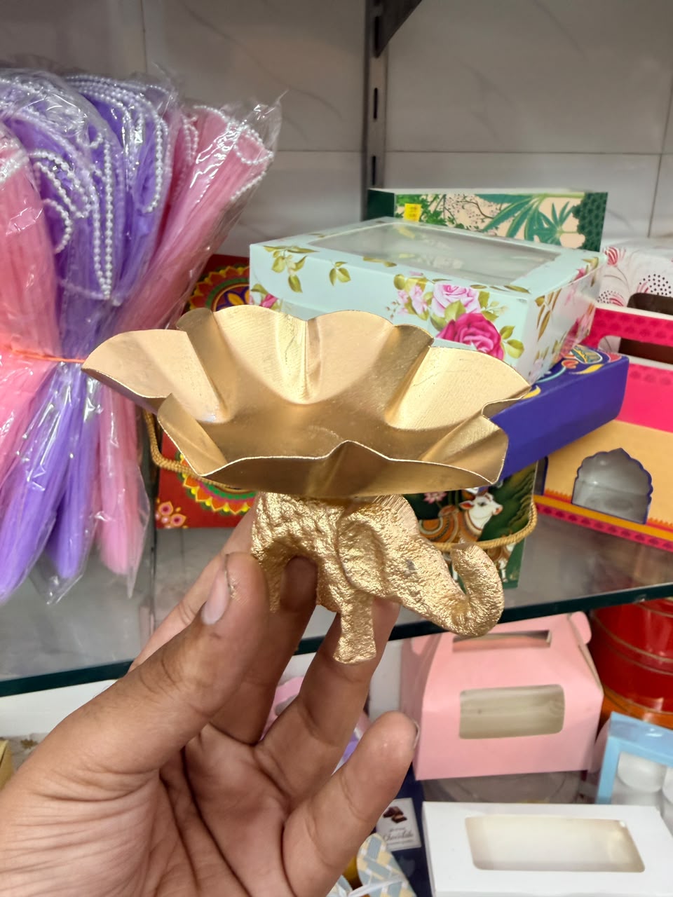 Golden Elephant Lotus Urli/ Golden Elephant Tealight Candle Holder